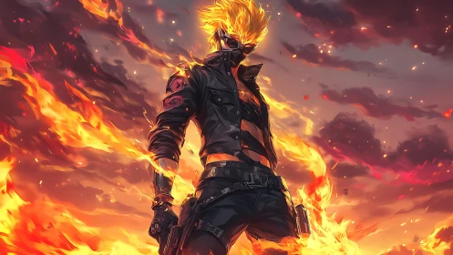 Flame haired figure in black tactical gear amid firestorm.