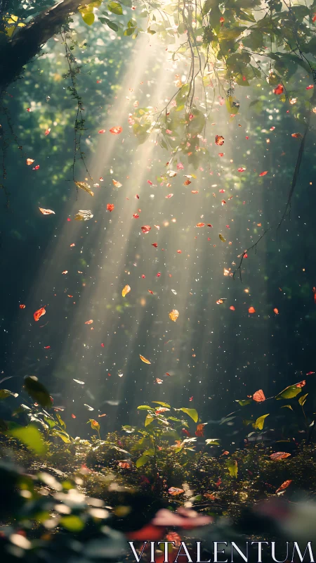 Cascading Autumn Leaves Through Golden Light.