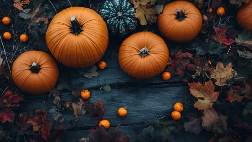 Top-down optical study of pumpkins on weathered timber surface.