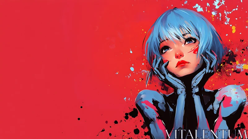 Dreamy blue haired android gazes softly into bold red space