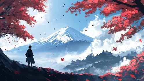 Solitary figure observes snow peak framed by red foliage
