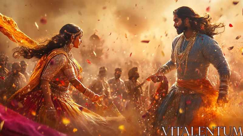 Cinematic Indian warriors confront amid dust, bokeh, and dynamic fabric motion