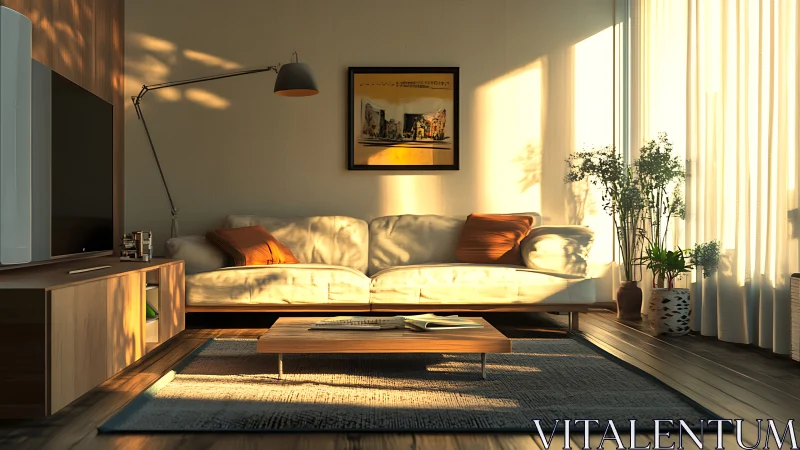 Golden hour modern living room with minimalist decor focus.