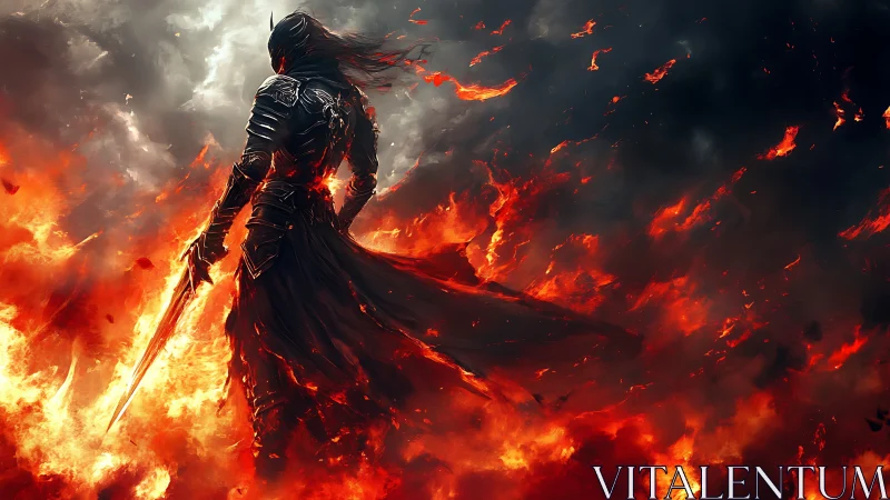 Armored dark knight strides through inferno with dynamic volumetric flames