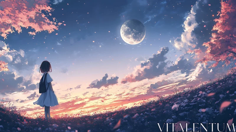 Girl watches large moon above flowered hillside at dusk