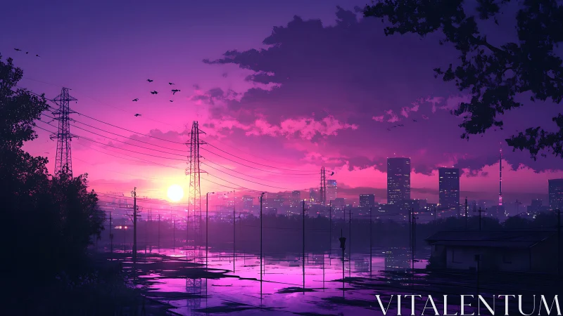 Sunset city skyline framed by power lines and reflections