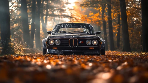 Classic BMW coupe front view on misty autumn forest road