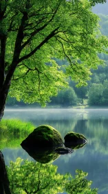 Emerald lakeside hush where mossy stones cradle quiet light.