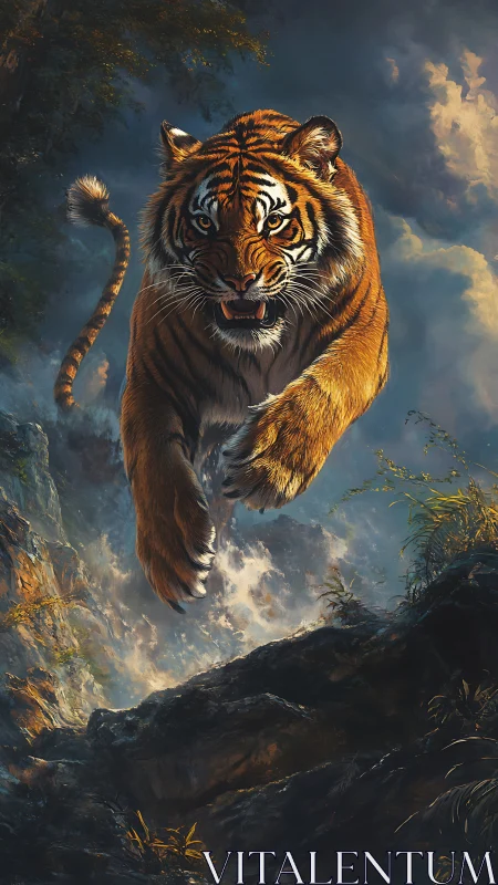 Dynamic frontal tiger leap rendered with dramatic atmospheric depth