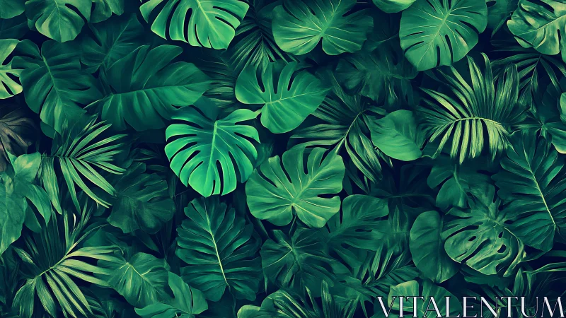 Dense overlapping tropical foliage with layered monstera leaves