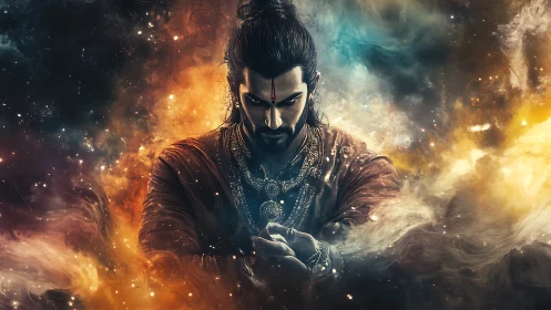 Mythic warrior figure amid swirling cosmic clouds.