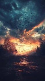 Volumetric dusk sky with flock dynamics over ember trail.