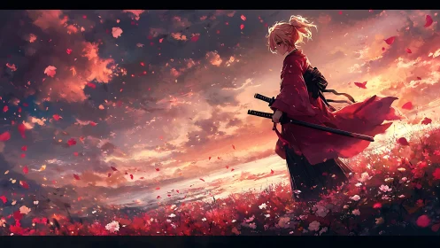 Samurai warrior in red kimono surveys sunset blossom field
