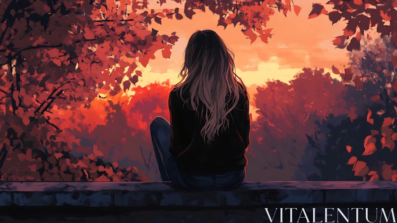 Backlit figure on ledge amid high-saturation autumn canopy.