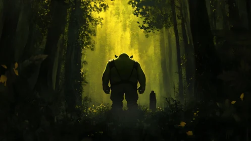 Giant armored figure entering luminous forest corridor.