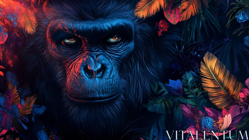 Digital gorilla portrait uses neon contrast with dense foliage
