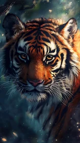 Digital painting portrait of tiger in luminous forest atmosphere.