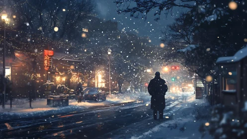 Solitary figure on snow covered winter street under city lights