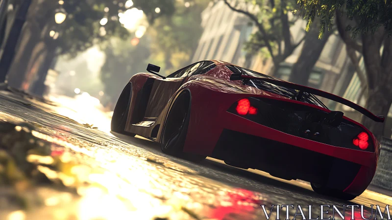 Red sports car on wet urban street in soft daylight.