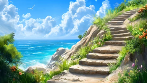 Stone steps ascending coastal cliff toward open sea.