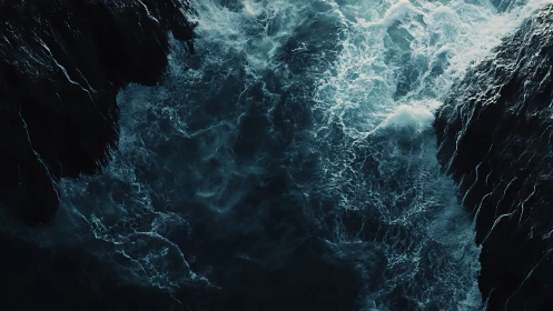 Dark ocean channel cuts through shadowed coastal cliffs