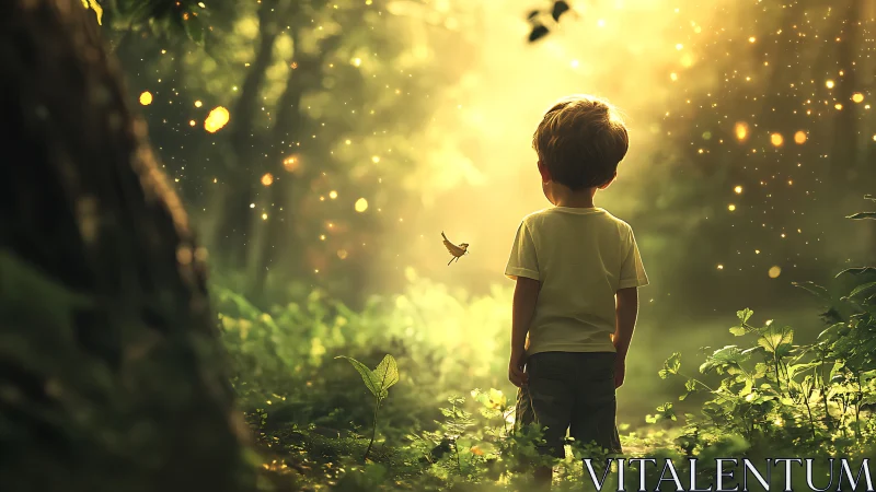 Young child observing illuminated forest clearing scene.