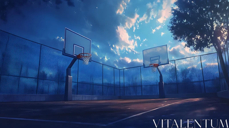 Outdoor basketball court stands empty under early evening sky