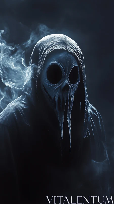 Hooded wraith with skeletal mask in dark smoky void.