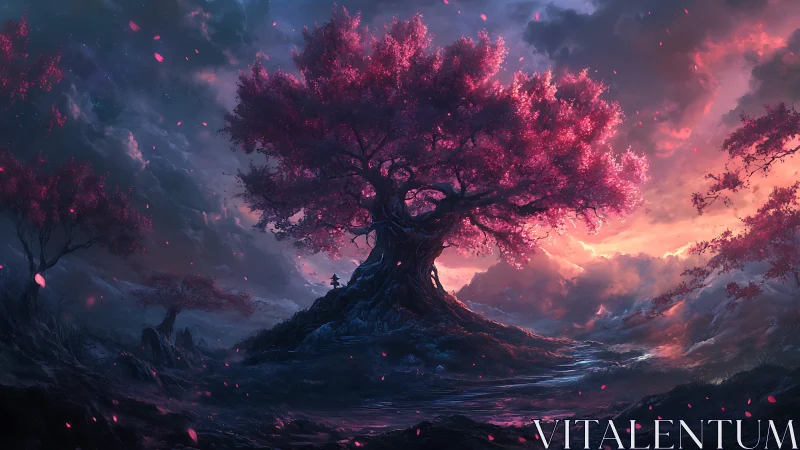 Vast pink tree dominates stormy fantasy landscape at dusk