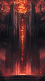 Towering demonic gate under burning red inferno sky.