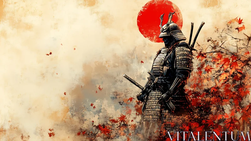 Armored samurai silhouette under red sun amid dynamic maple foliage