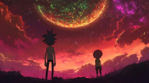 Stargazing companions under a glowing cosmic crescent sky.