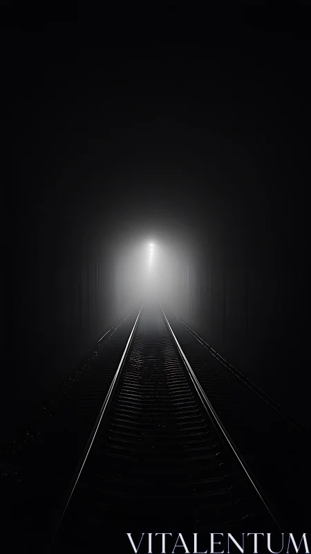 Single railway track receding into bright light in darkness