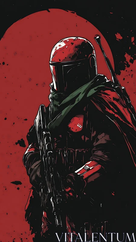 Steadfast armored wanderer framed by a bold red moon.