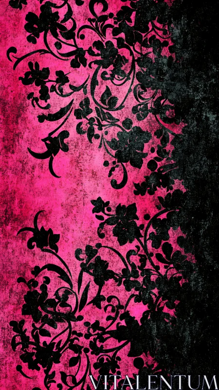 Ornate black floral scrollwork on distressed magenta field.