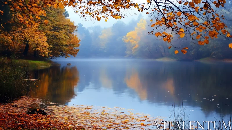 Autumn lake landscape with misty reflections and gold foliage.