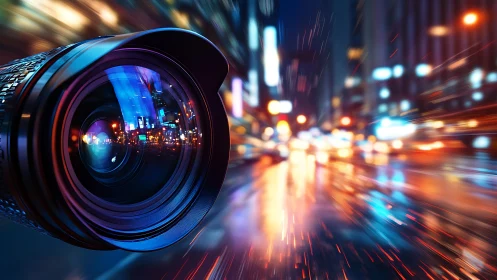 City lights reflected in a bold, fast-moving camera lens.