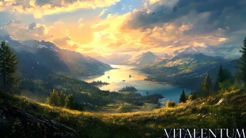 Sunset rivers run like molten glass through whispering peaks