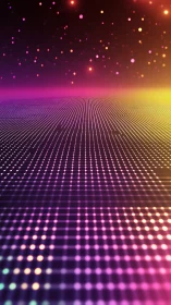 Neon grid horizon with glowing particles in deep space.