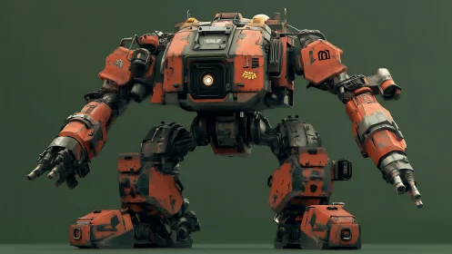 Orange industrial combat mech stands against green backdrop