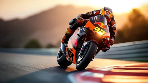 High lean-angle MotoGP bike cornering under warm sunset light