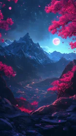 Moonlit valley hums beneath fuchsia blossom mountains