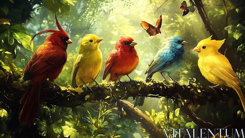 Vibrant Colorful Birds on Branch in Sunlit Forest, Digital Art Style.