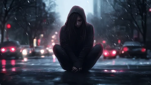 Rain-soaked loner folding silence in neon traffic hush.