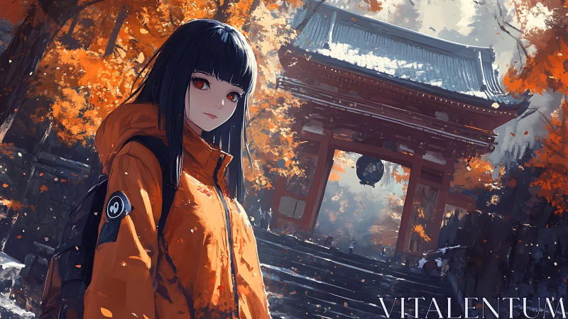 Girl in orange coat stands before temple gate in autumn