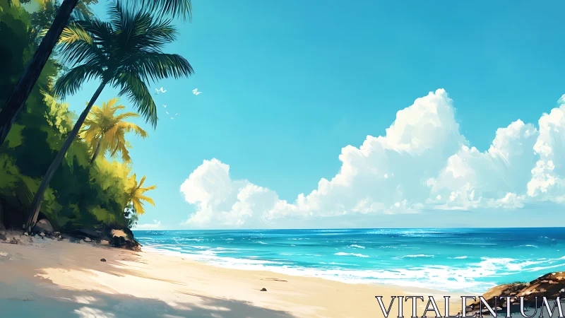 Tropical Beach Paradise With Palm Trees and Blue Ocean