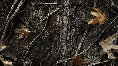 Tree bark texture with dry oak leaves and crossing roots.