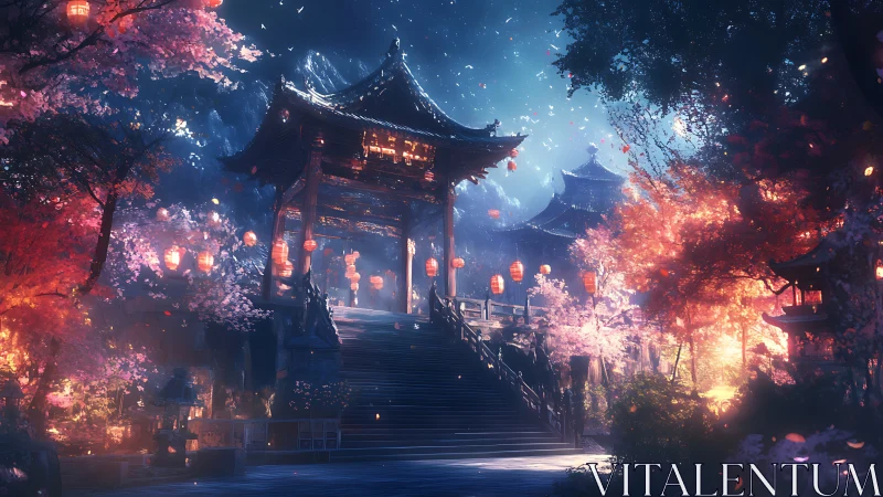 Lantern-lit temple gate rises through glowing cherry blossoms