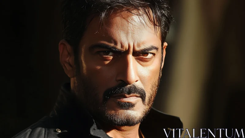 Intense close up of stern man in dramatic side lighting.