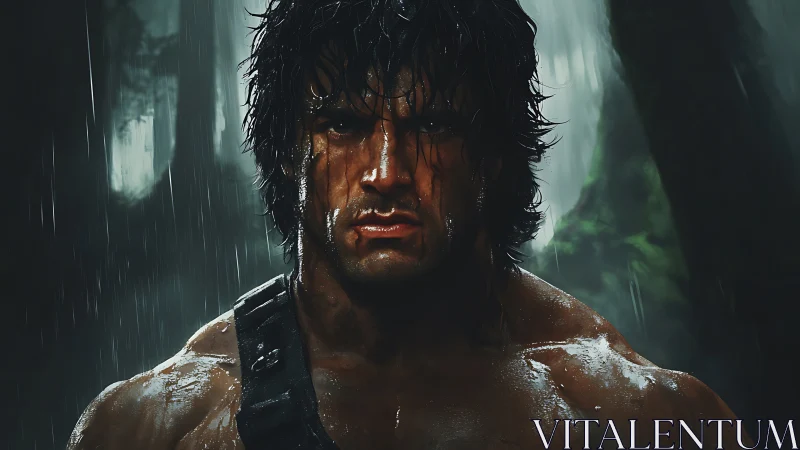 Battle-hardened warrior under torrential jungle rain.